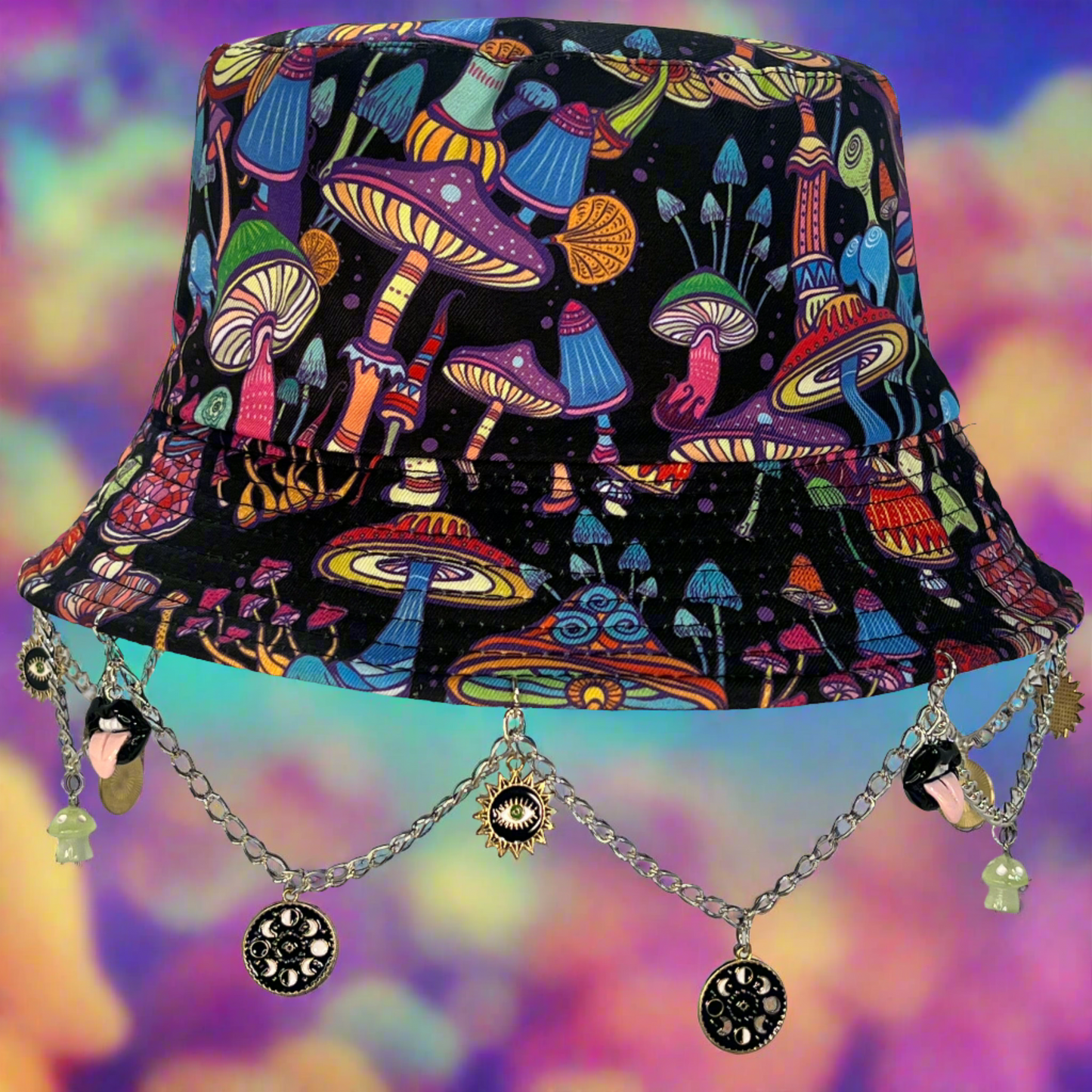 Look Before You Trip! Third Eye Mushroom Charm and Chain Bucket Hat