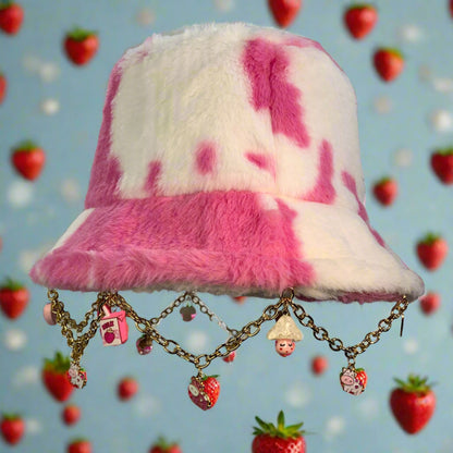 Strawberry Milk Vibes! Pink Cow Charms and Chain Faux Fur Bucket Hat