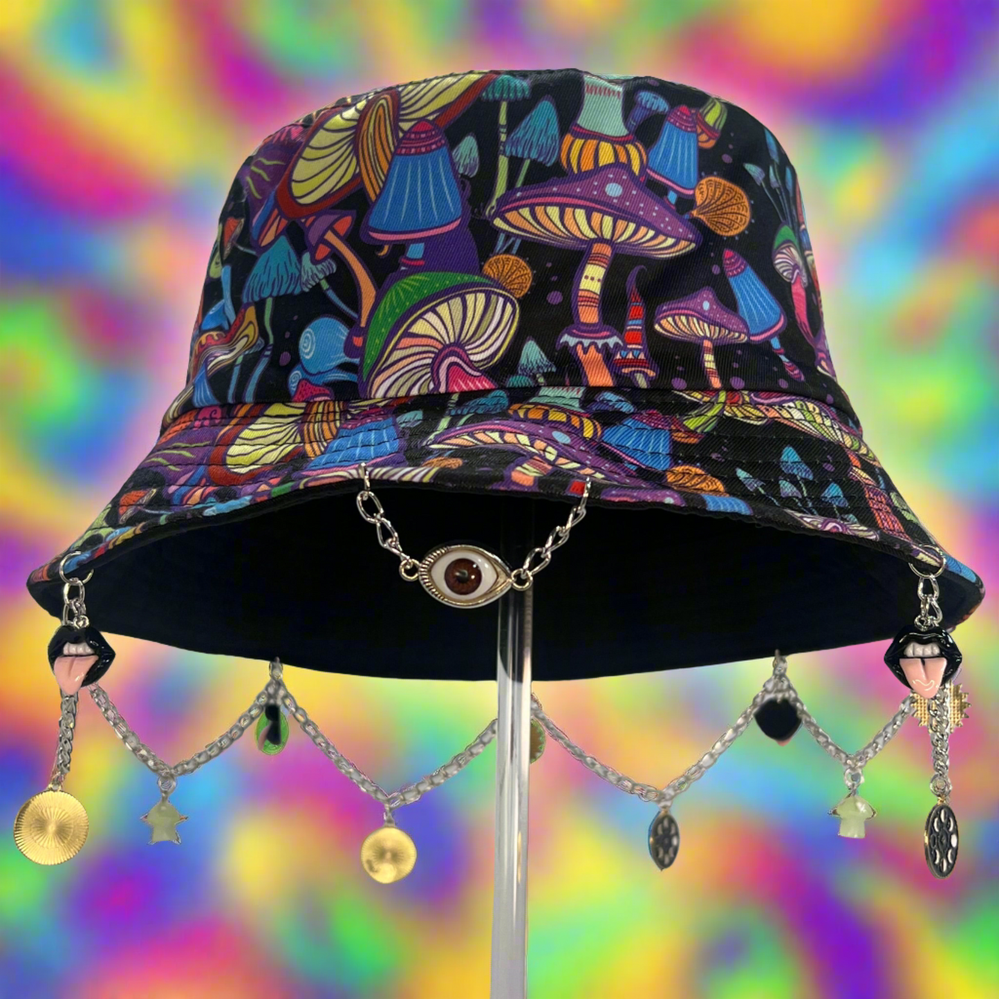 Look Before You Trip! Third Eye Mushroom Charm and Chain Bucket Hat