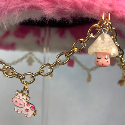 Strawberry Milk Vibes! Pink Cow Charms and Chain Faux Fur Bucket Hat