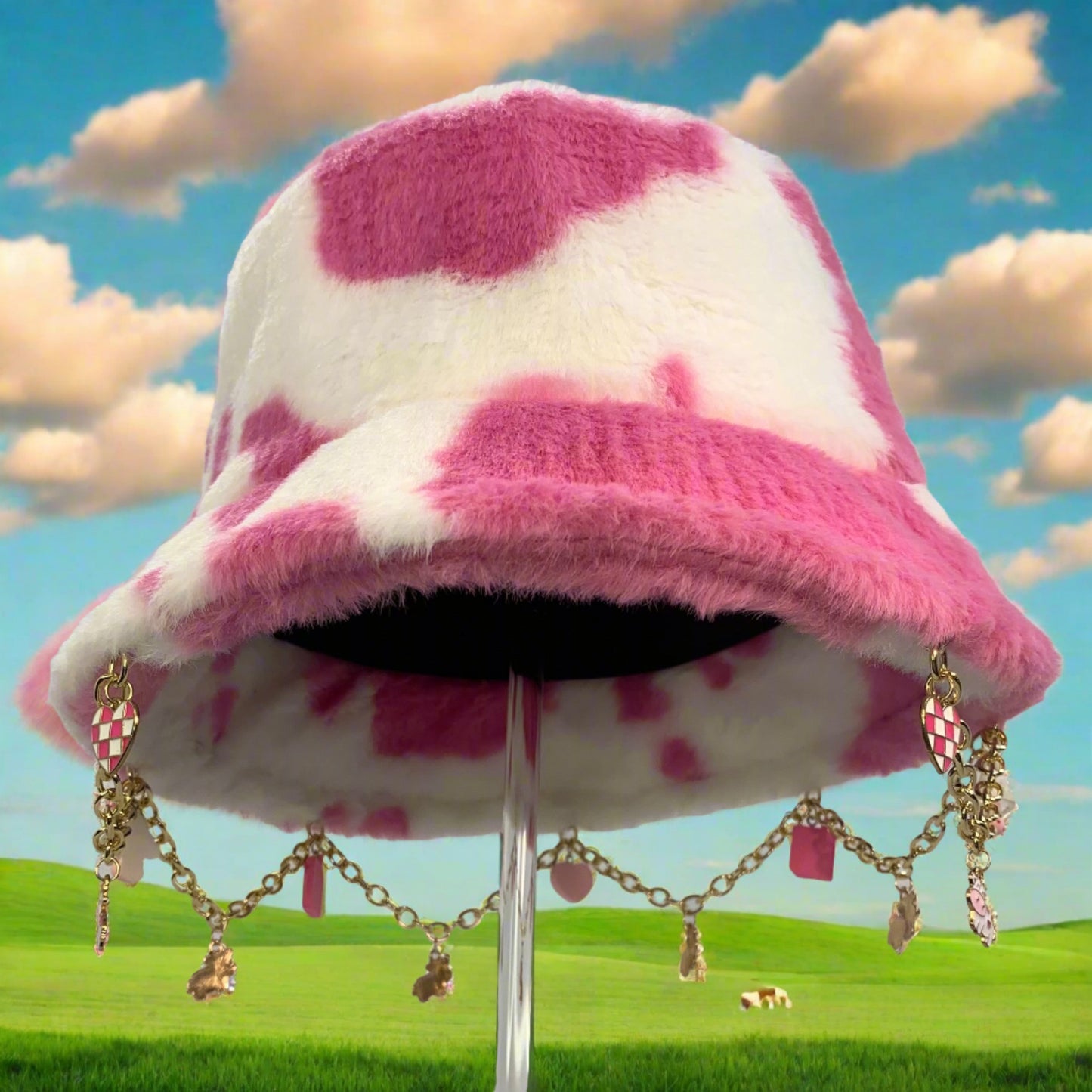 Strawberry Milk Vibes! Pink Cow Charms and Chain Faux Fur Bucket Hat