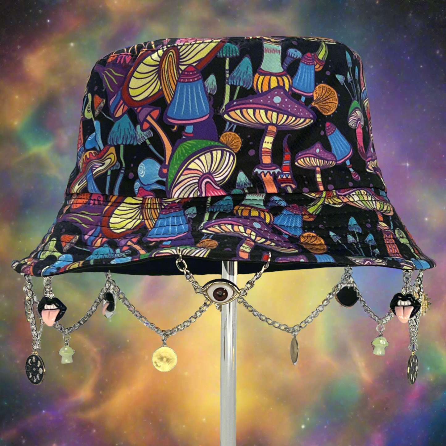 Look Before You Trip! Third Eye Mushroom Charm and Chain Bucket Hat