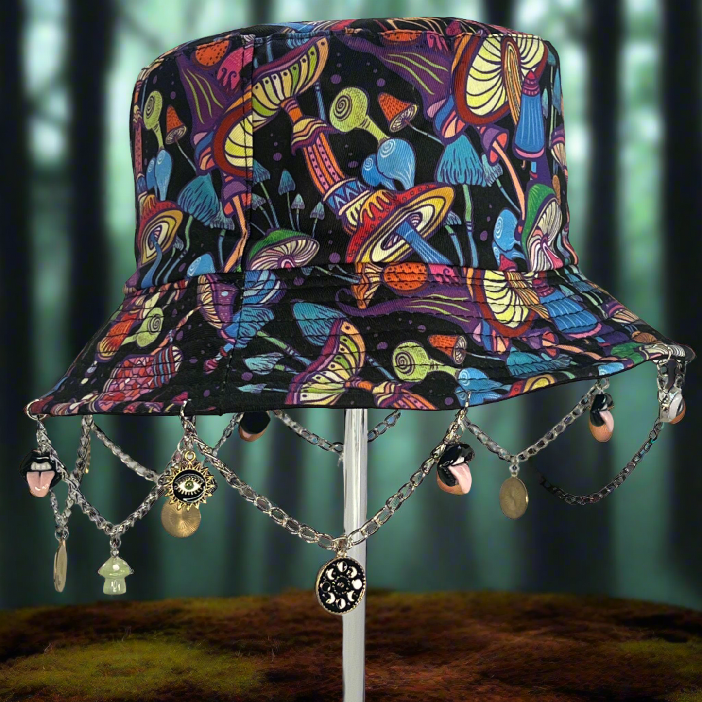 Look Before You Trip! Third Eye Mushroom Charm and Chain Bucket Hat