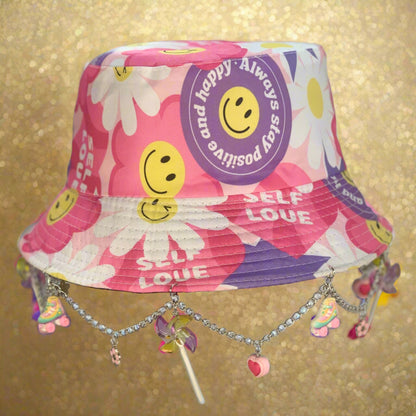 Love Your Self! Y2K Charms and Chain Happy Bucket Hat