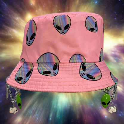 Alienated Abduction! Cute Alien and Cows Charms and Chain Bucket Hat