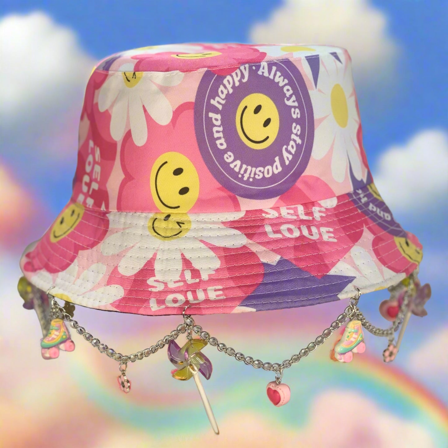 Love Your Self! Y2K Charms and Chain Happy Bucket Hat