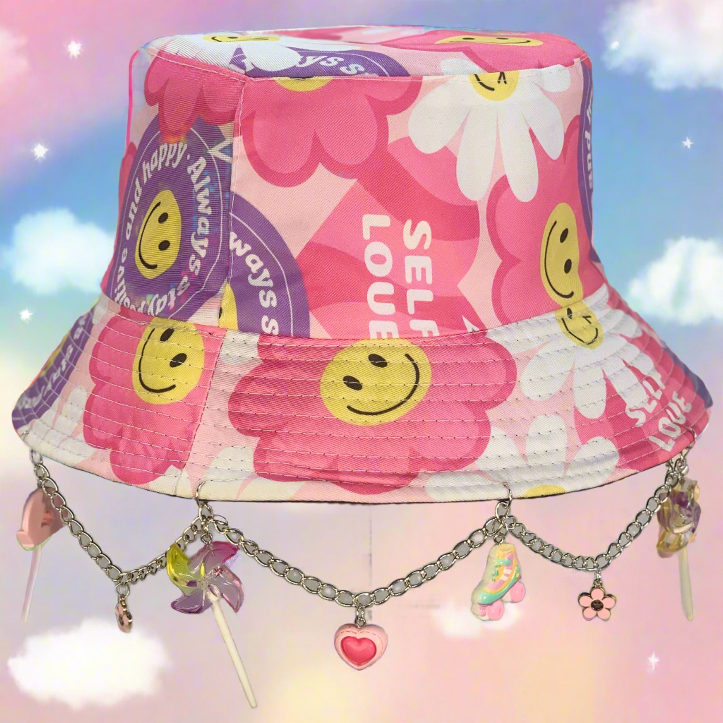 Love Your Self! Y2K Charms and Chain Happy Bucket Hat