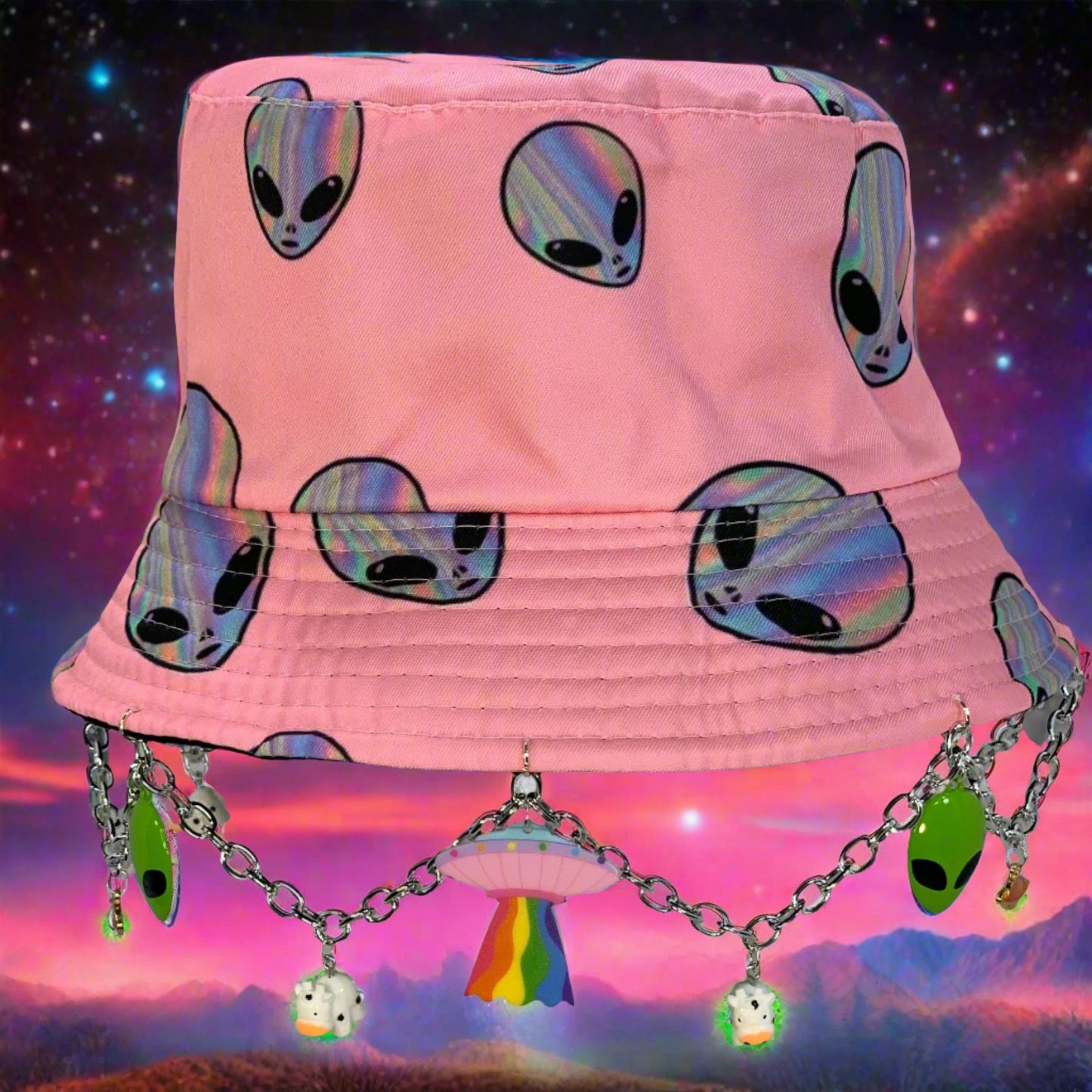 Alienated Abduction! Cute Alien and Cows Charms and Chain Bucket Hat