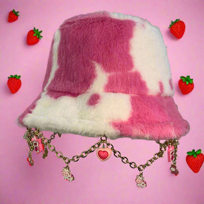 Strawberry Milk Vibes! Pink Cow Charms and Chain Faux Fur Bucket Hat