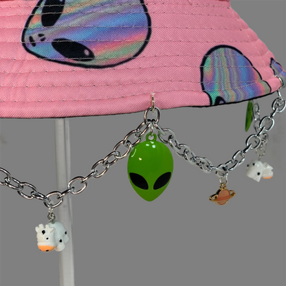 Alienated Abduction! Cute Alien and Cows Charms and Chain Bucket Hat