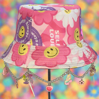 Love Your Self! Y2K Charms and Chain Happy Bucket Hat