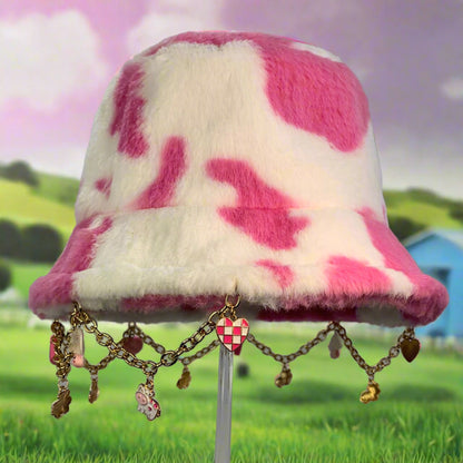 Strawberry Milk Vibes! Pink Cow Charms and Chain Faux Fur Bucket Hat