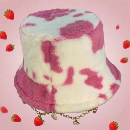 Strawberry Milk Vibes! Pink Cow Charms and Chain Faux Fur Bucket Hat