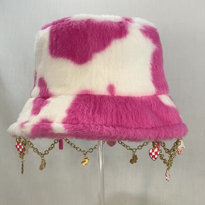 Strawberry Milk Vibes! Pink Cow Charms and Chain Faux Fur Bucket Hat