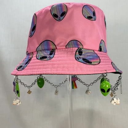 Alienated Abduction! Cute Alien and Cows Charms and Chain Bucket Hat